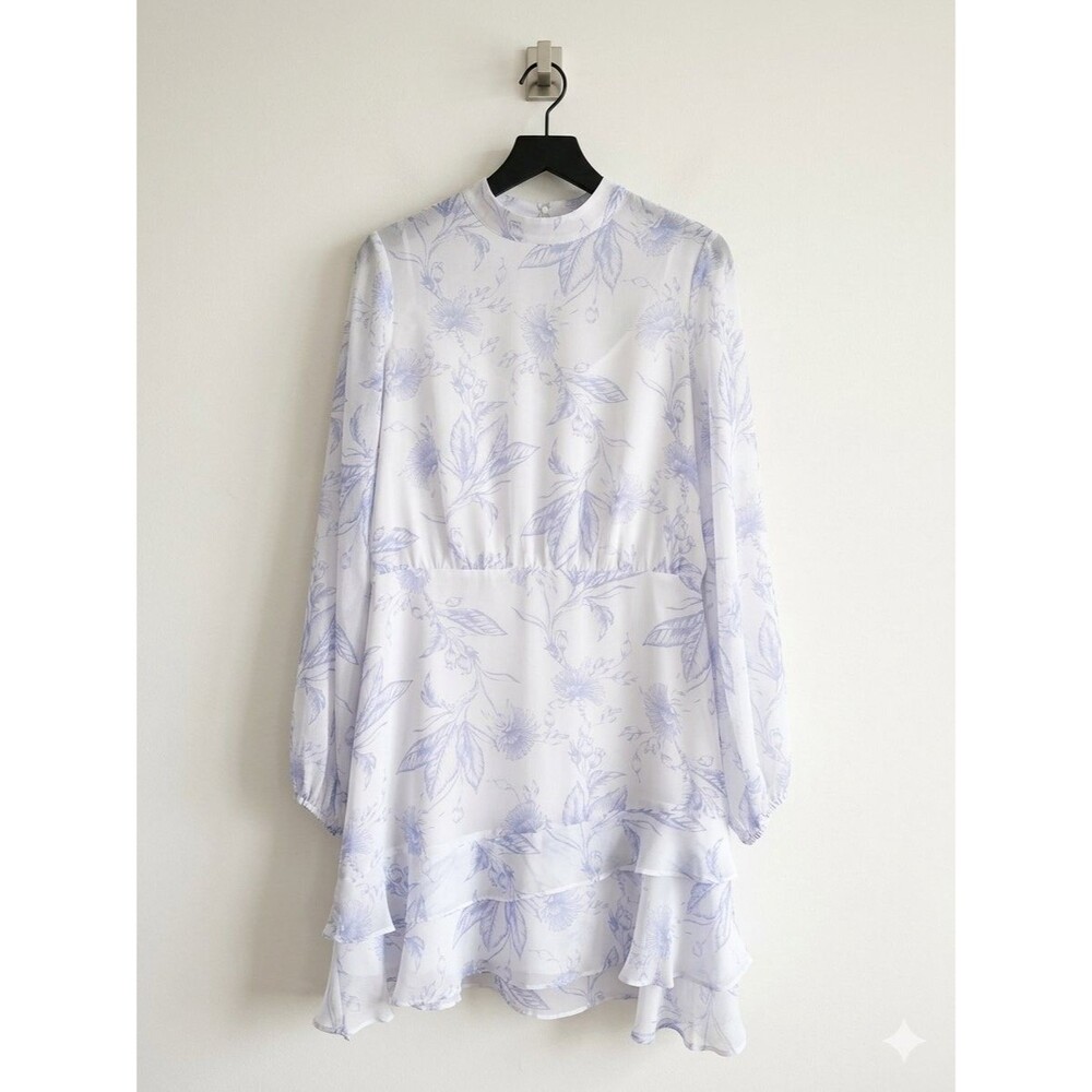 Express Womens Large Floral Long Balloon Sleeve Tiered Ruffle Mini Dress Casual